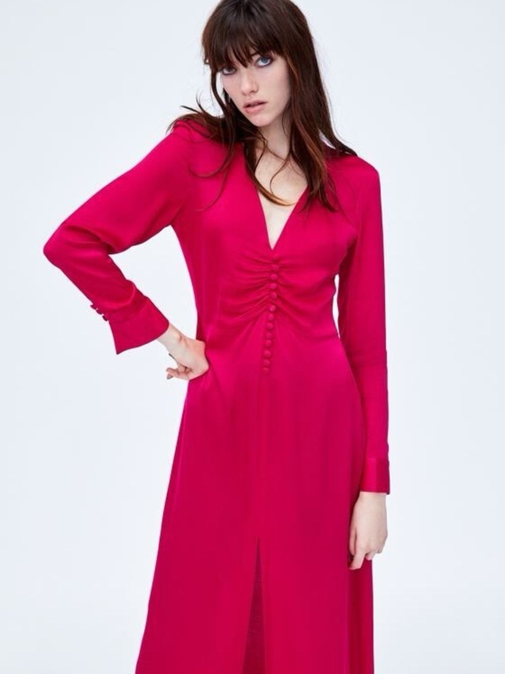 Zara, maxi dress with slit, Deep Magenta Red Color, size M